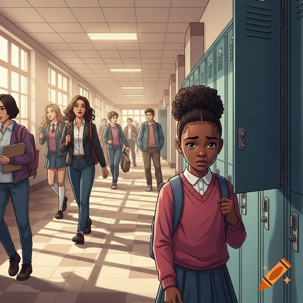 An anime illustration of a crying Black girl standing by lockers in a bustling school hallway, while other students walk past.