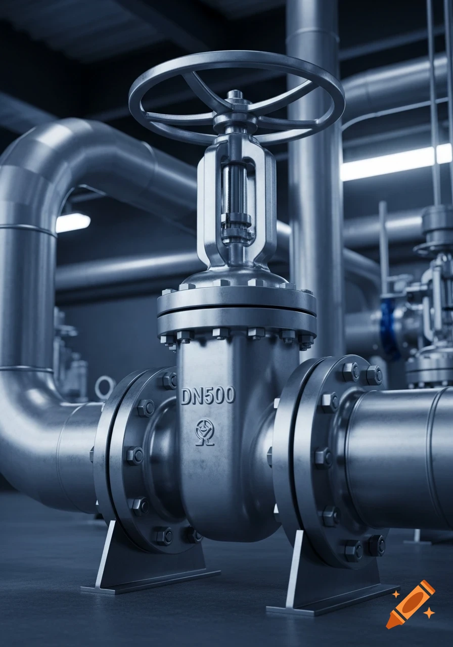 Photorealistic 3D render of a large metallic gate valve with a handwheel, connected to industrial pipes in a factory setting.