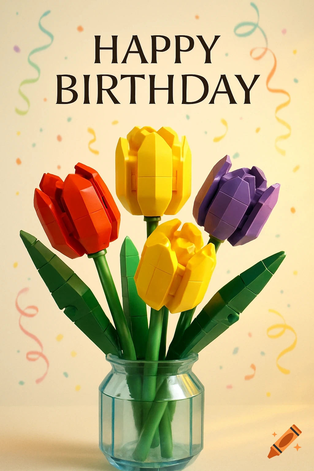A colorful bouquet of red, yellow, and purple Lego tulips in a clear vase, with "HAPPY BIRTHDAY" text and festive confetti.