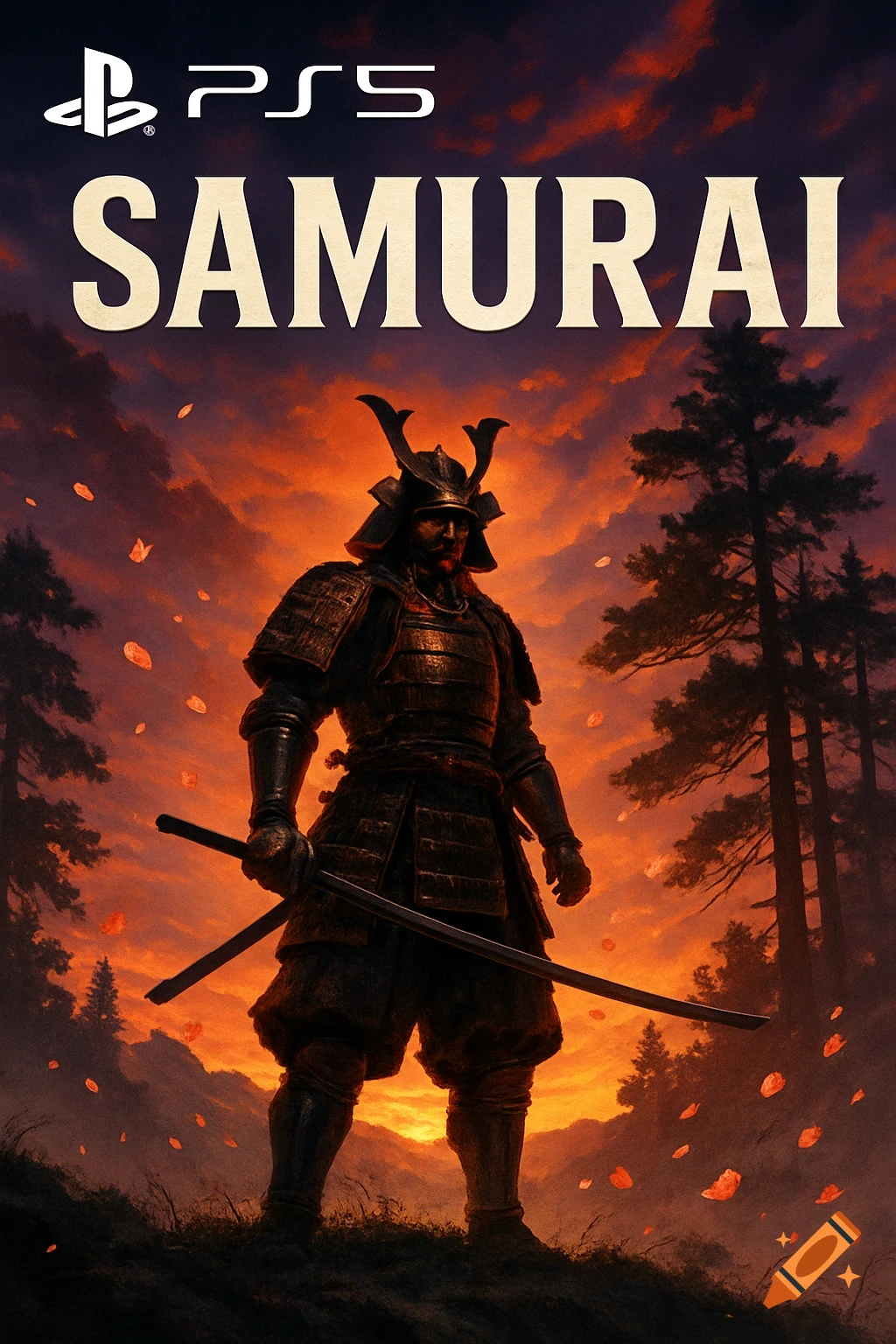 A samurai warrior in armor stands with two swords on a hill, silhouetted against a dramatic orange and red sunset sky, with the PS5 logo and "SAMURAI" text above.