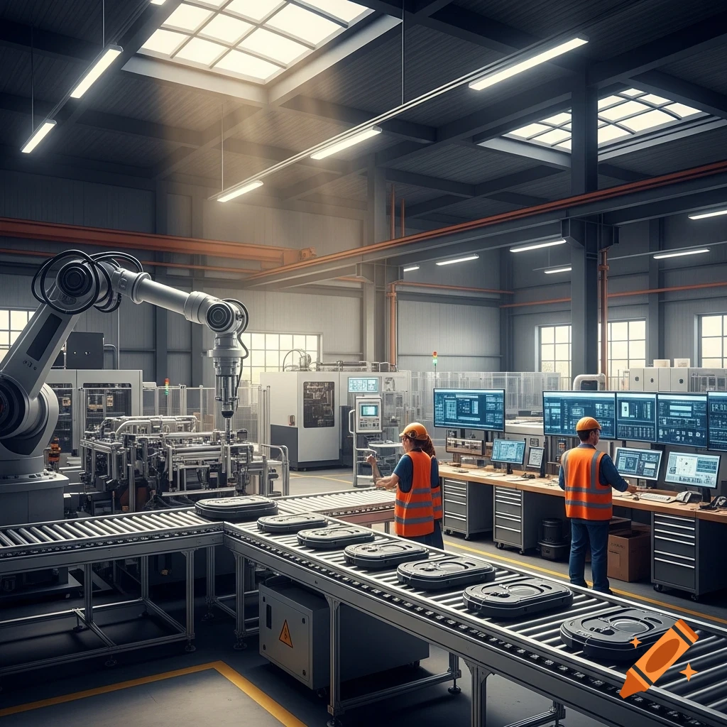 Photorealistic image of a modern manufacturing factory with a robotic arm, conveyor belts, and workers monitoring screens.