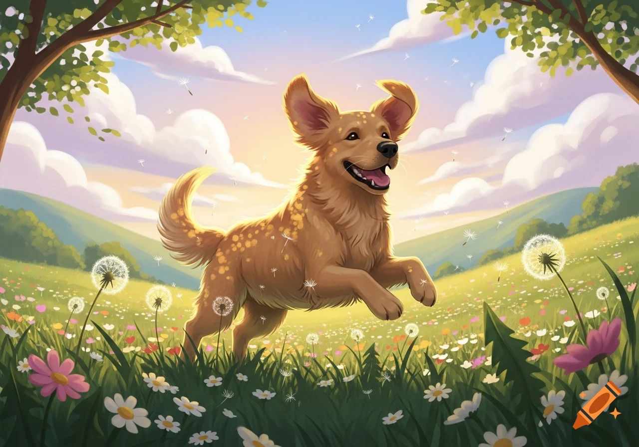 A happy golden-brown dog leaps through a vibrant meadow of colorful flowers and dandelions under a pastel sky.