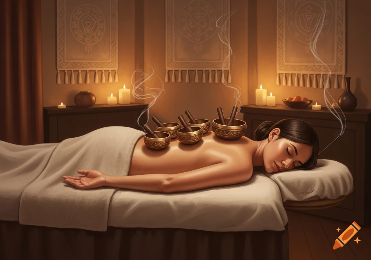 An illustrated image of a woman receiving a singing bowl massage, lying on her stomach in a dimly lit, warm room with candles.