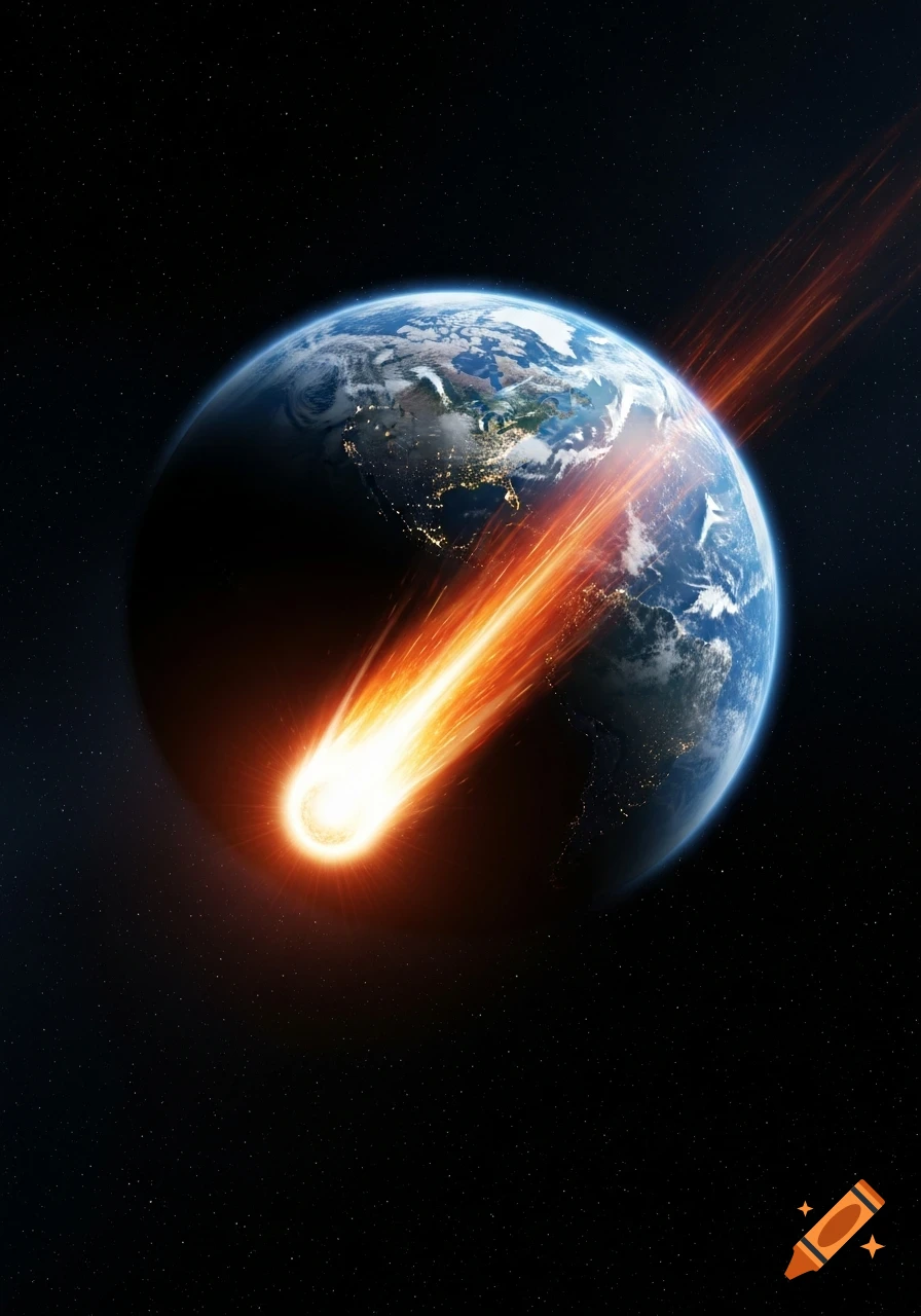 Photorealistic image of a glowing comet hurtling towards Earth in deep space, with city lights visible on the planet's night side.