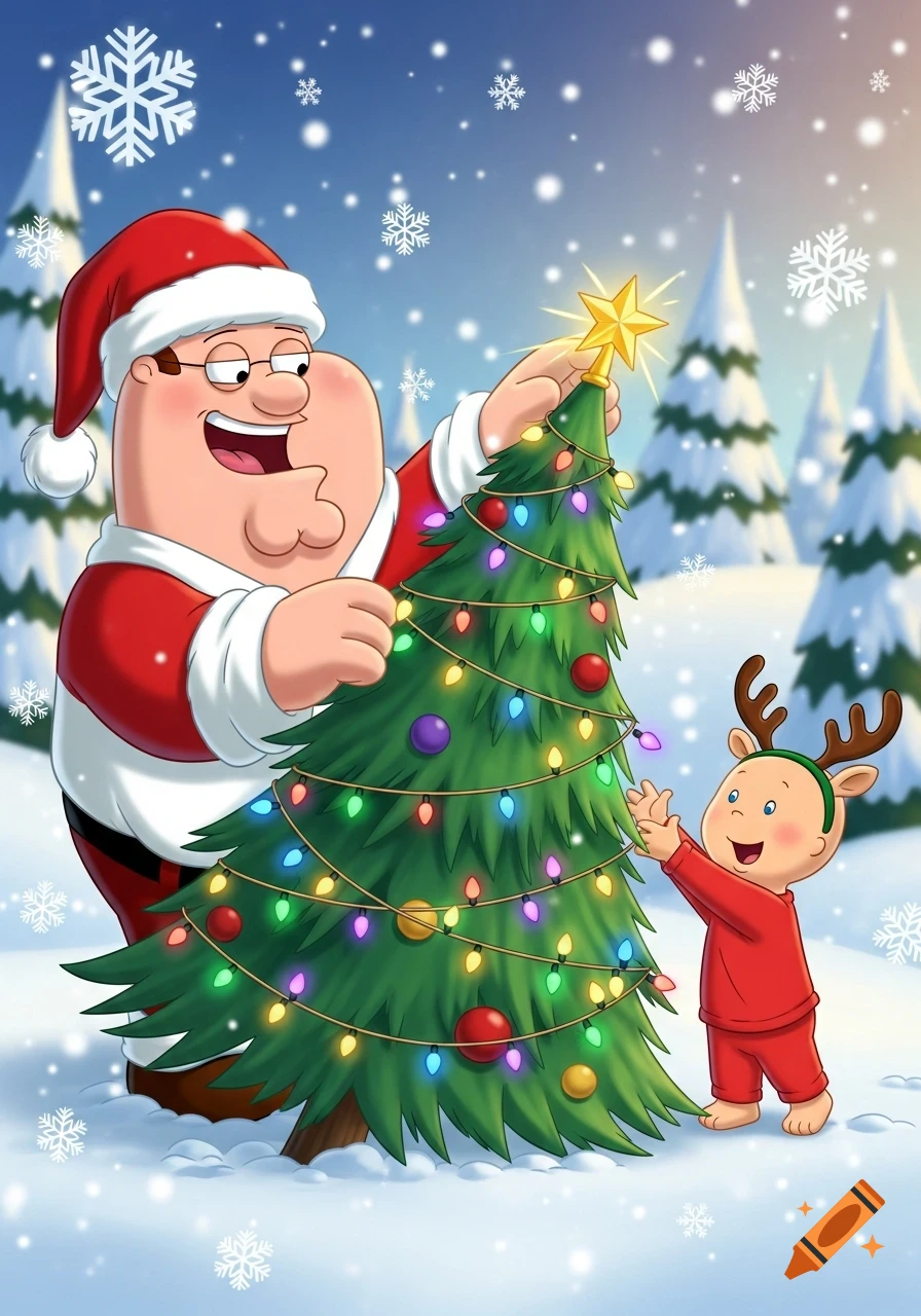 Cartoon Peter Griffin as Santa and Caillou as a reindeer decorating a Christmas tree in a snowy landscape.