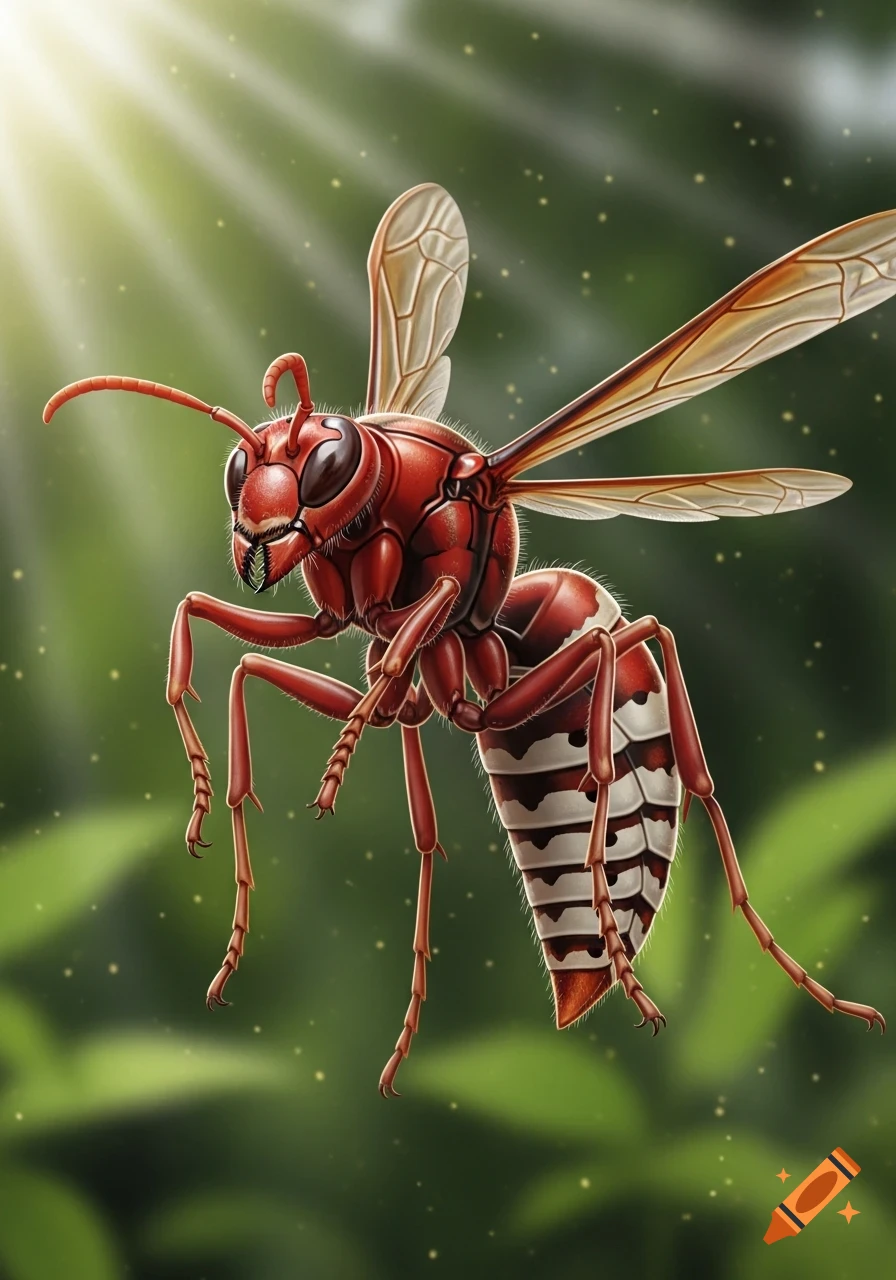 A detailed red and white wasp with translucent wings and a segmented body, hovering amidst blurred green foliage with sun rays.