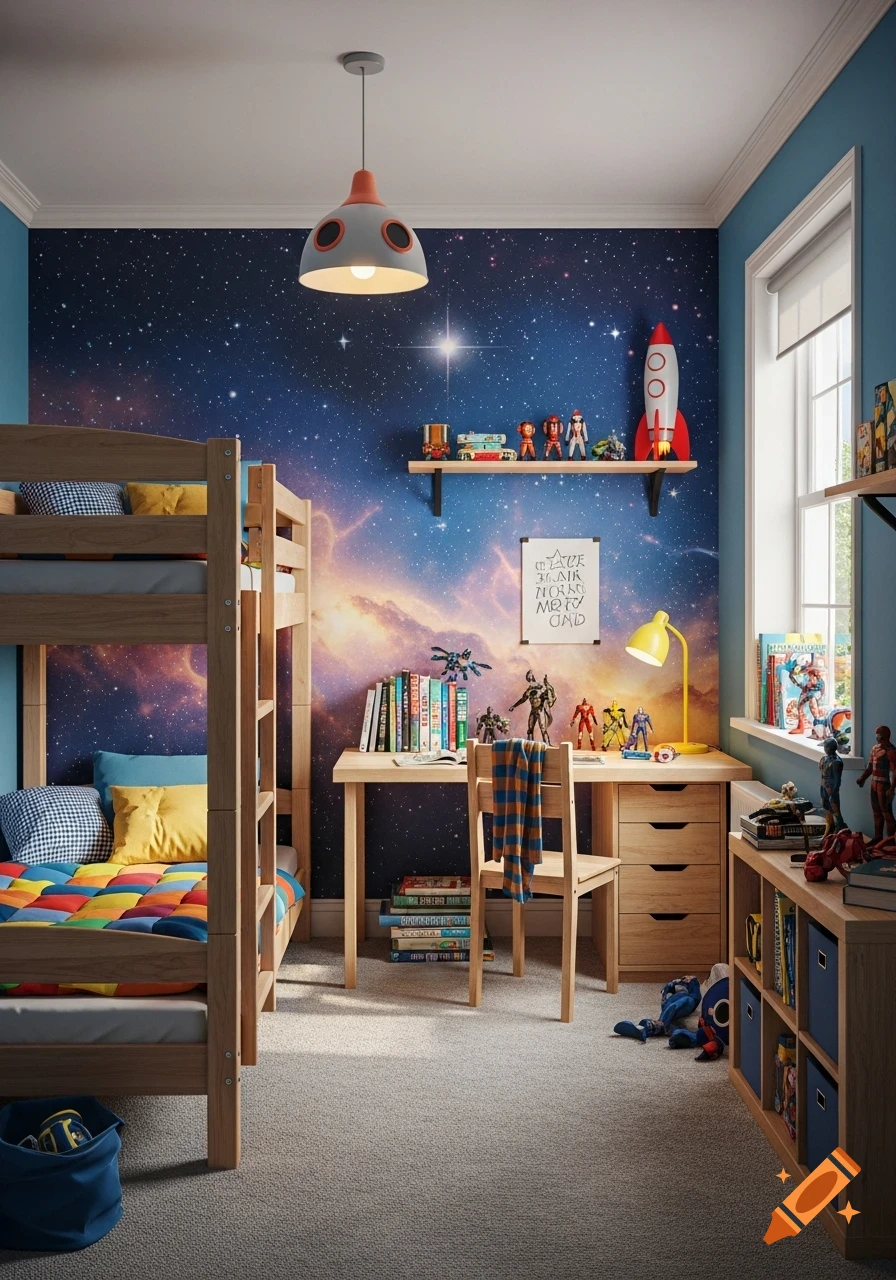 A bright boys' bedroom with a space-themed galaxy wall mural, wooden bunk beds, a desk with books and superhero figures.