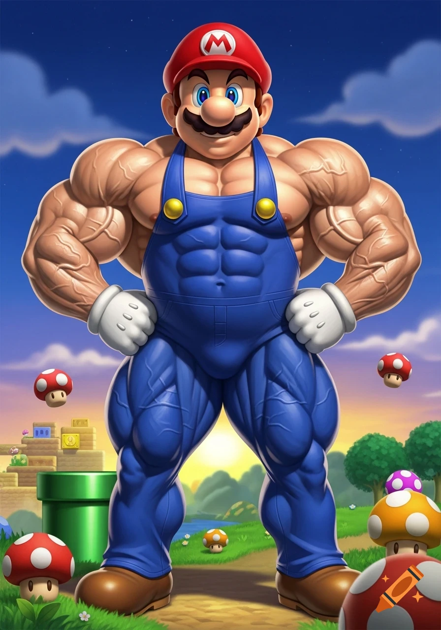 A heavily muscular Mario in blue overalls and a red cap, standing in a Super Mario Bros. themed landscape with mushrooms and blocks.