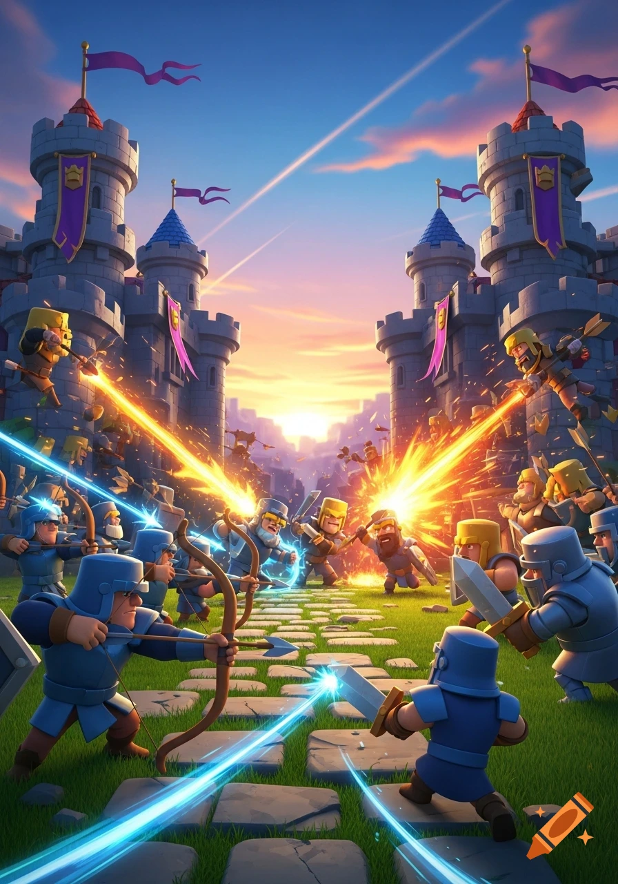 Cartoonish battle scene with knights and archers fighting in front of two castles at sunset, stylized like a video game.