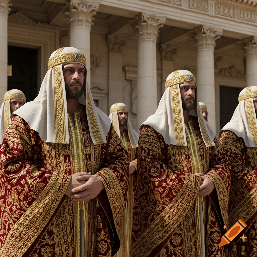 Photorealistic image of several men in elaborate red and gold robes and ...