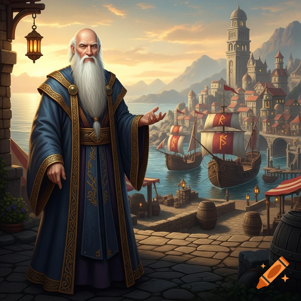 An elderly wizard with a long white beard stands gesturing in a detailed coastal fantasy port city with ships.