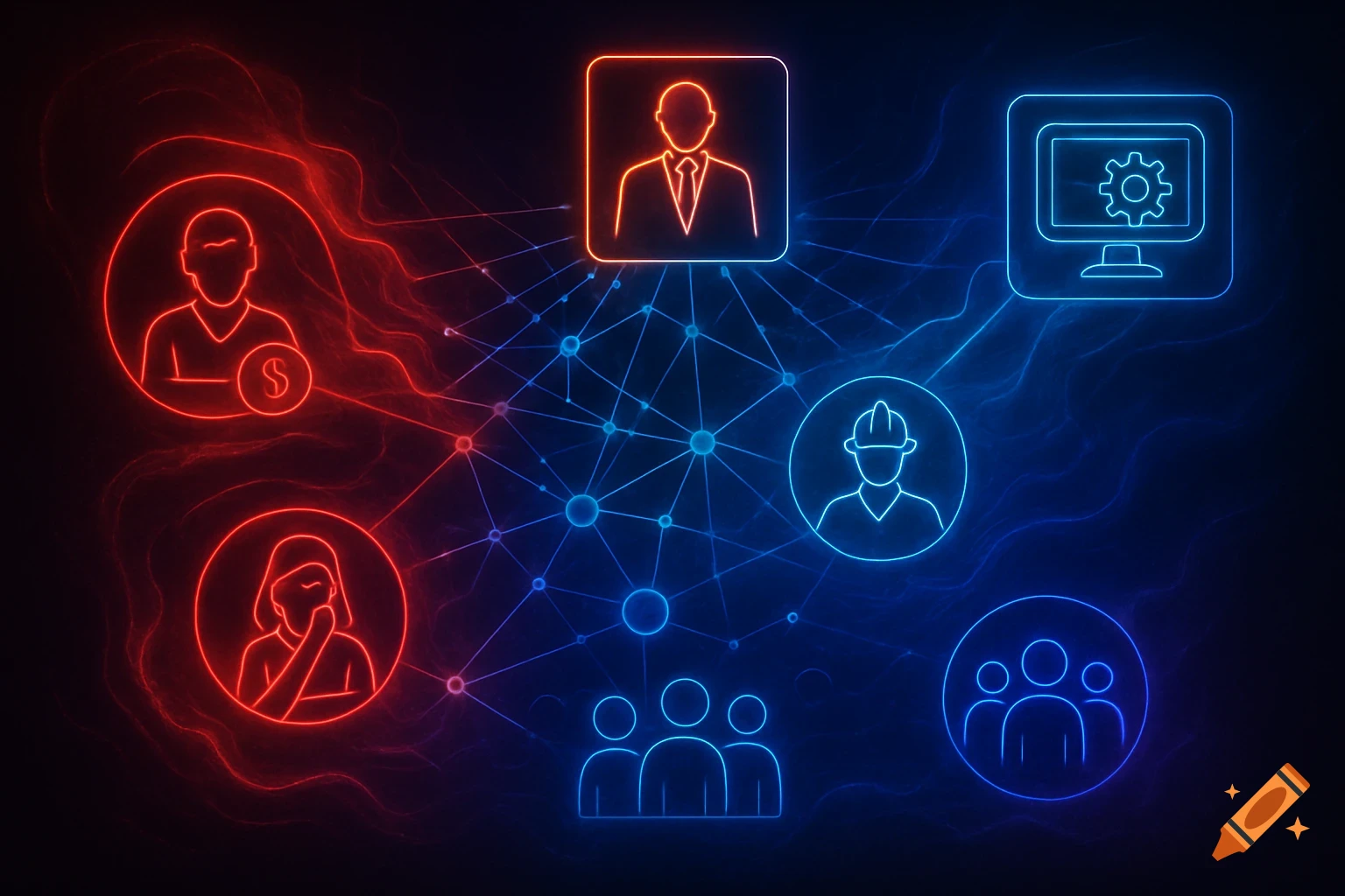 Neon glow network diagram with red and blue icons representing people and technology, connected by lines on a dark background.