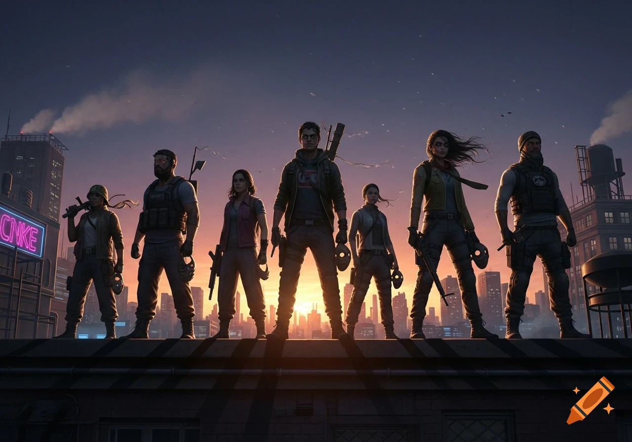 A group of seven vigilantes, silhouetted against a vibrant sunset sky, stand on a rooftop overlooking a city skyline.
