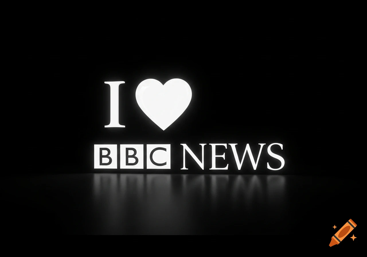 White glowing 'I heart BBC NEWS' text on a black background with a subtle reflection.