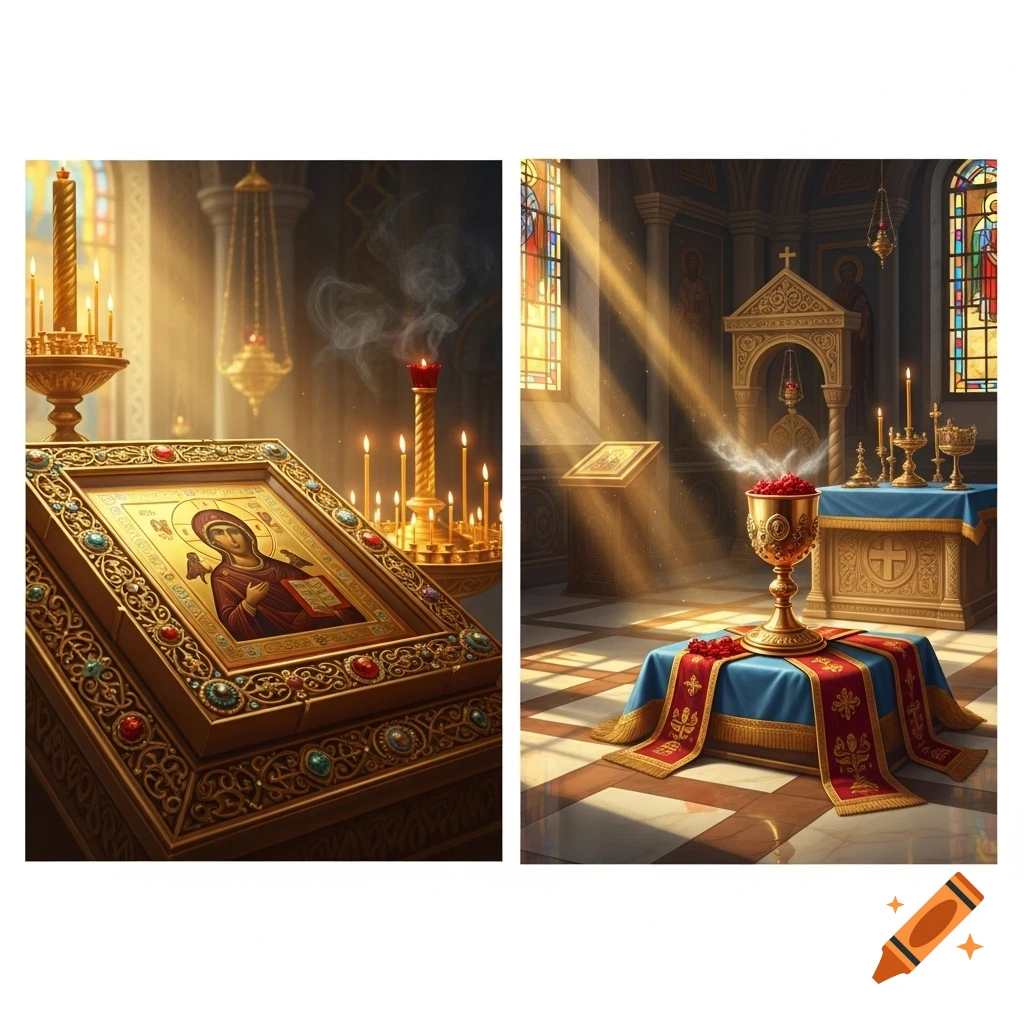 Two ornate Christian Orthodox scenes featuring an icon, candles, a gilded chalice with red berries, and an altar in a church setting.
