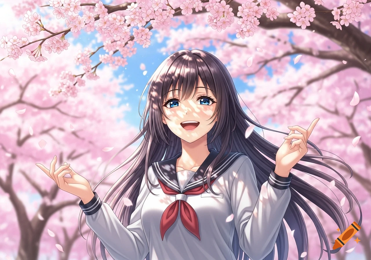 A beautiful anime girl with long dark hair, wearing a school uniform, smiles brightly under vibrant pink cherry blossom trees.
