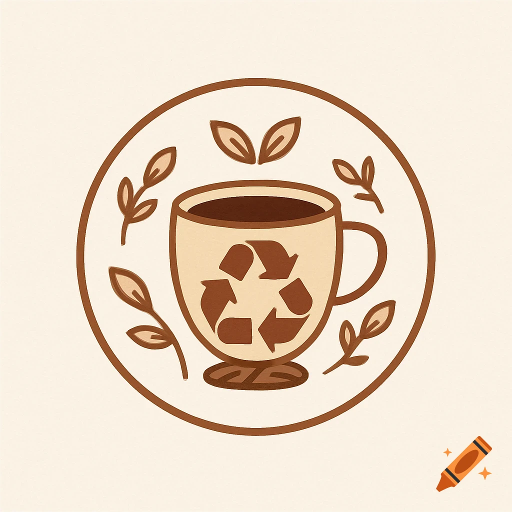 A circular emblem in warm brown and beige tones featuring a coffee cup with a recycling symbol, surrounded by leaves.