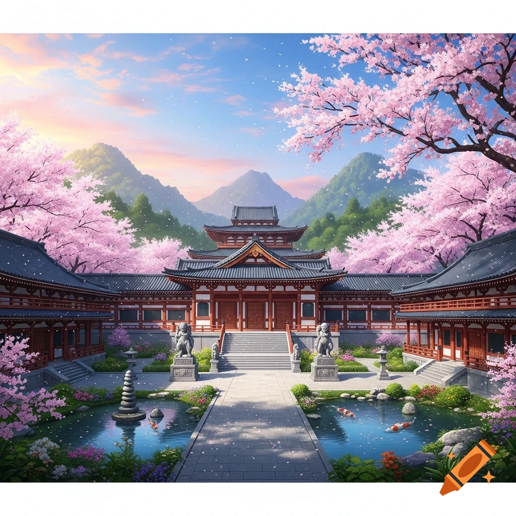 An ornate Japanese temple with red roofs, framed by pink cherry blossoms, a pond with koi, and distant mountains under a pastel sky.