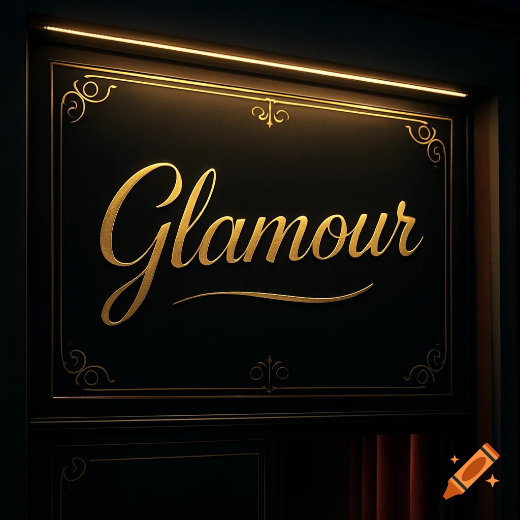 Elegant shop sign with 'Glamour' in golden script, framed by ornate gold borders, illuminated from above.