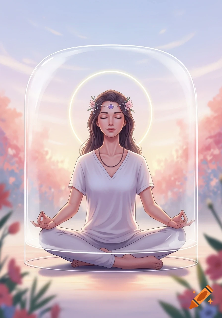 A serene woman meditating in a lotus pose inside a transparent dome, with a glowing halo, against a soft pastel floral background.
