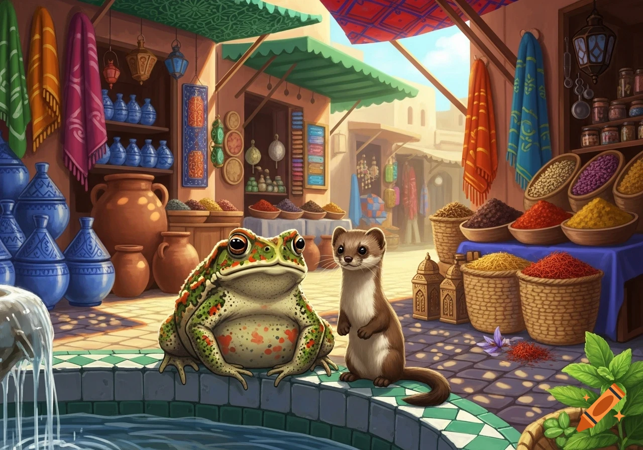 A large toad and a small weasel sit by a fountain in a vibrant Moroccan marketplace filled with spices, pottery, and textiles in a detailed illustration.
