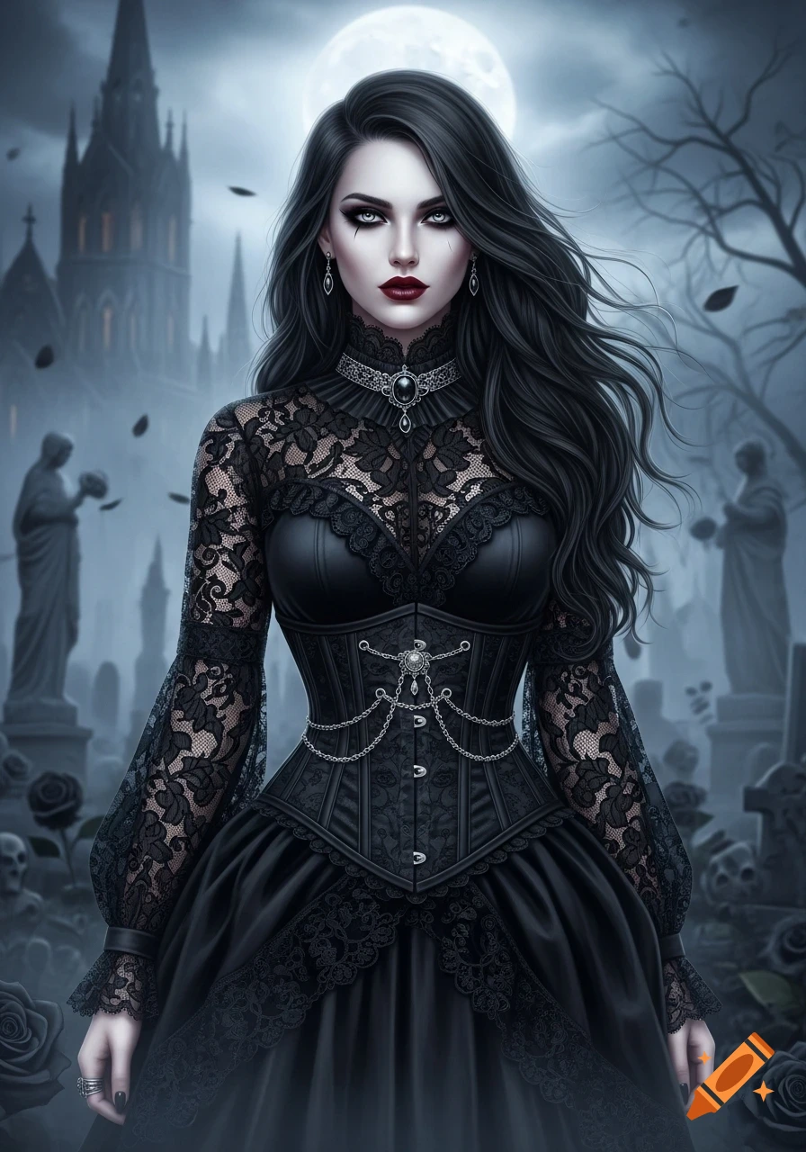 A gothic woman with pale skin and dark hair in an elaborate black lace and velvet dress, standing in a foggy cemetery with a gothic cathedral and full moon.