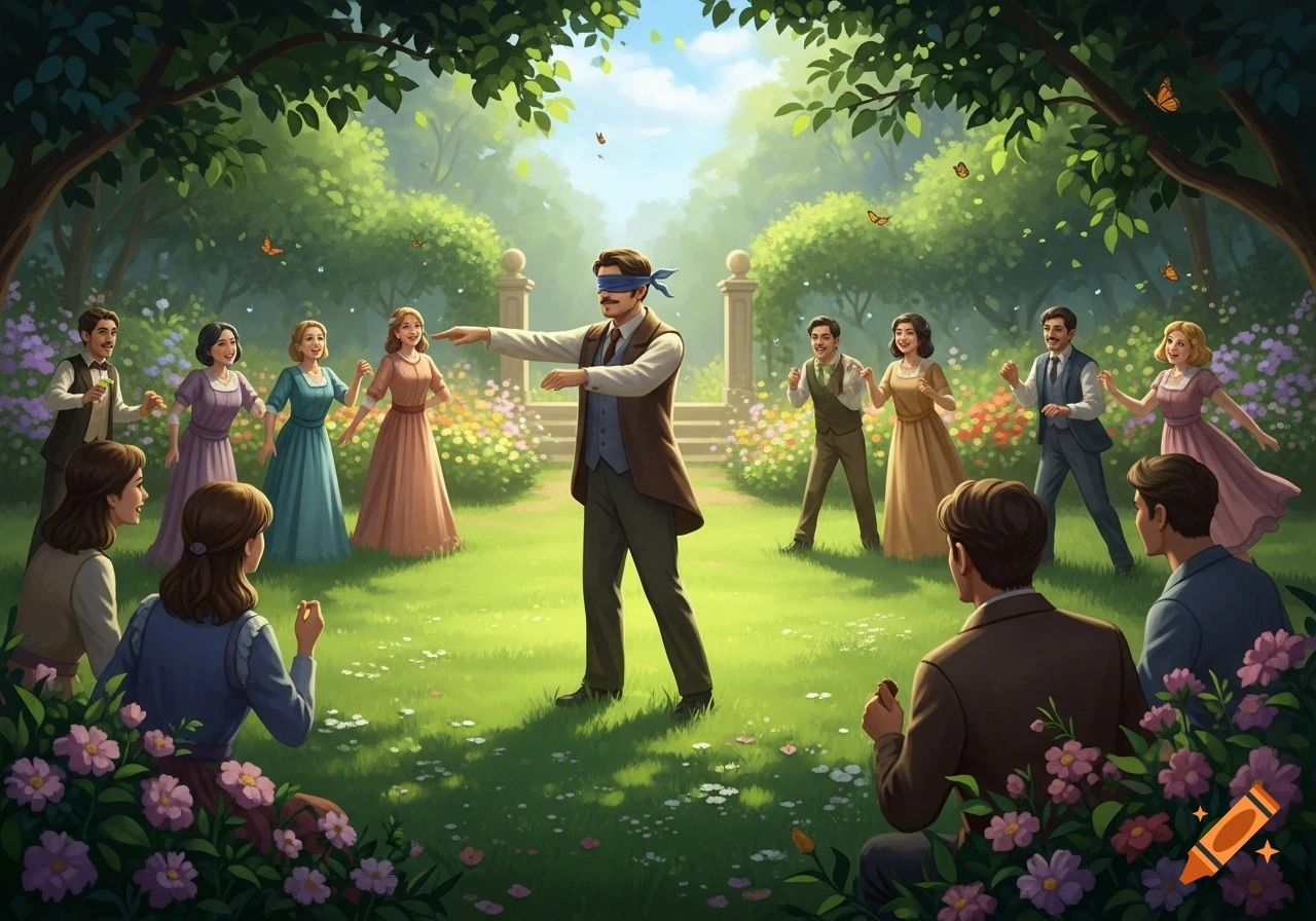 An illustrated scene of people playing Blind Man's Bluff in a vibrant garden with trees and flowers.
