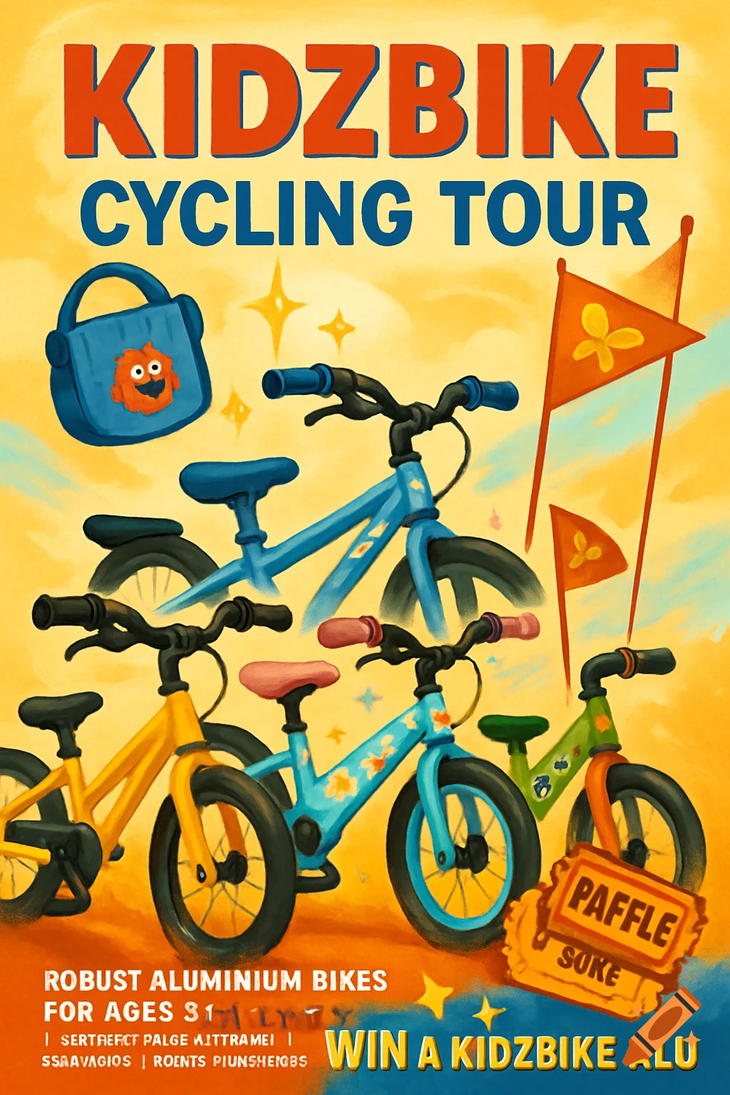 A colorful, cartoon-style poster inviting to a "Kidzbike Cycling Tour" event, featuring multiple small children's bikes in various colors, a blue shoulder bag with a monster, and a raffle ticket. Text in the poster promotes robust aluminum bikes and says "Win a Kidzbike Alu."