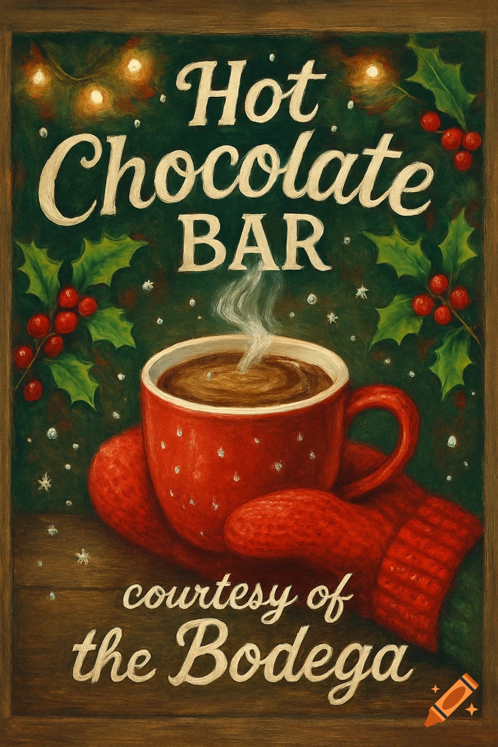 A festive Christmas sign advertising a Hot Chocolate Bar, featuring a steaming red mug, mittens, holly, and string lights in a painterly style.