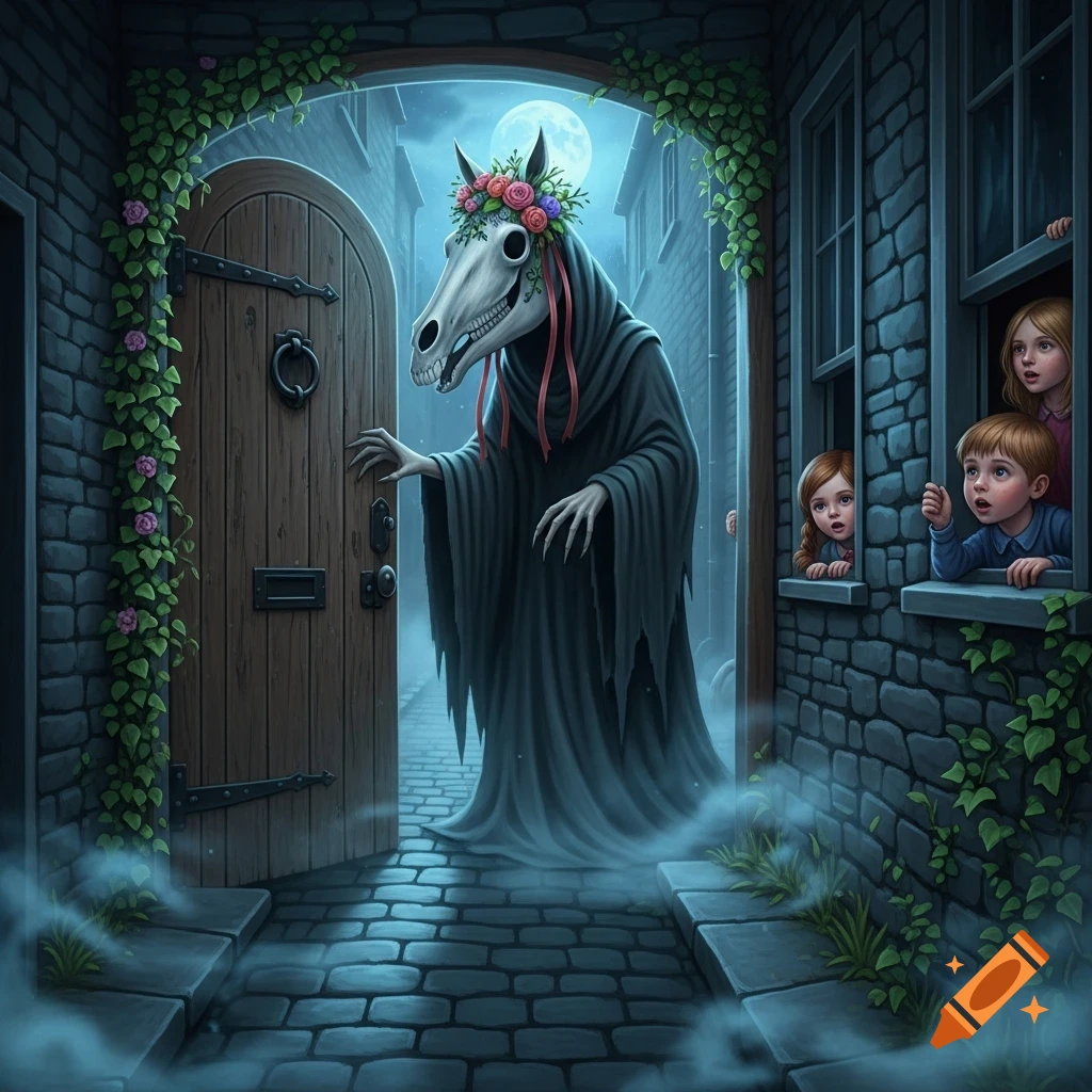 A skeletal Mari Lwyd with a flower crown emerges from a doorway in a dark, foggy alley at night, scaring children peering from windows.