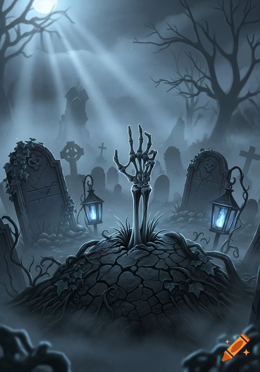 A skeletal hand reaches from a cracked grave mound in a foggy, moonlit graveyard with glowing lanterns and ancient tombstones.