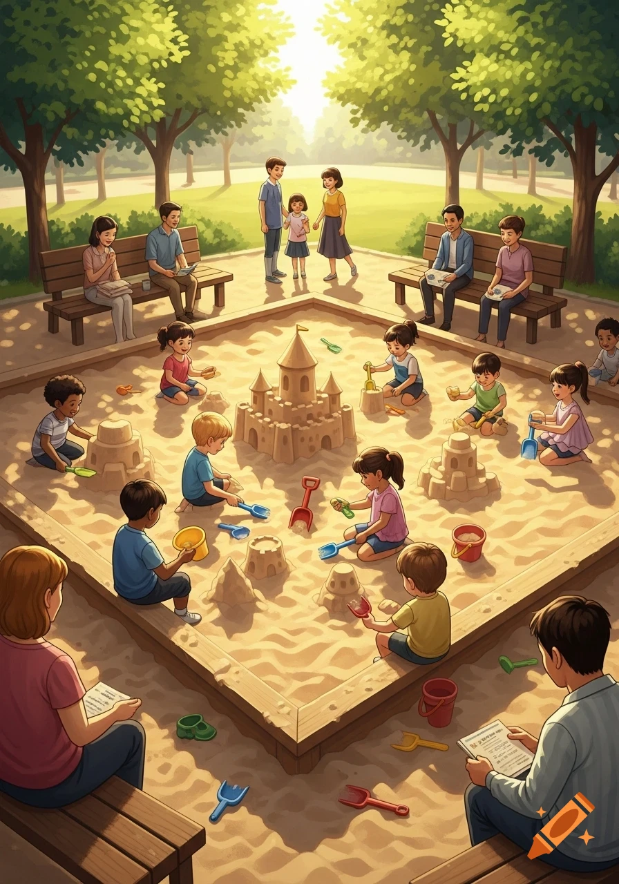 Children play in a large sandbox with sand toys and sandcastles, while adults watch from benches in a sunny park.