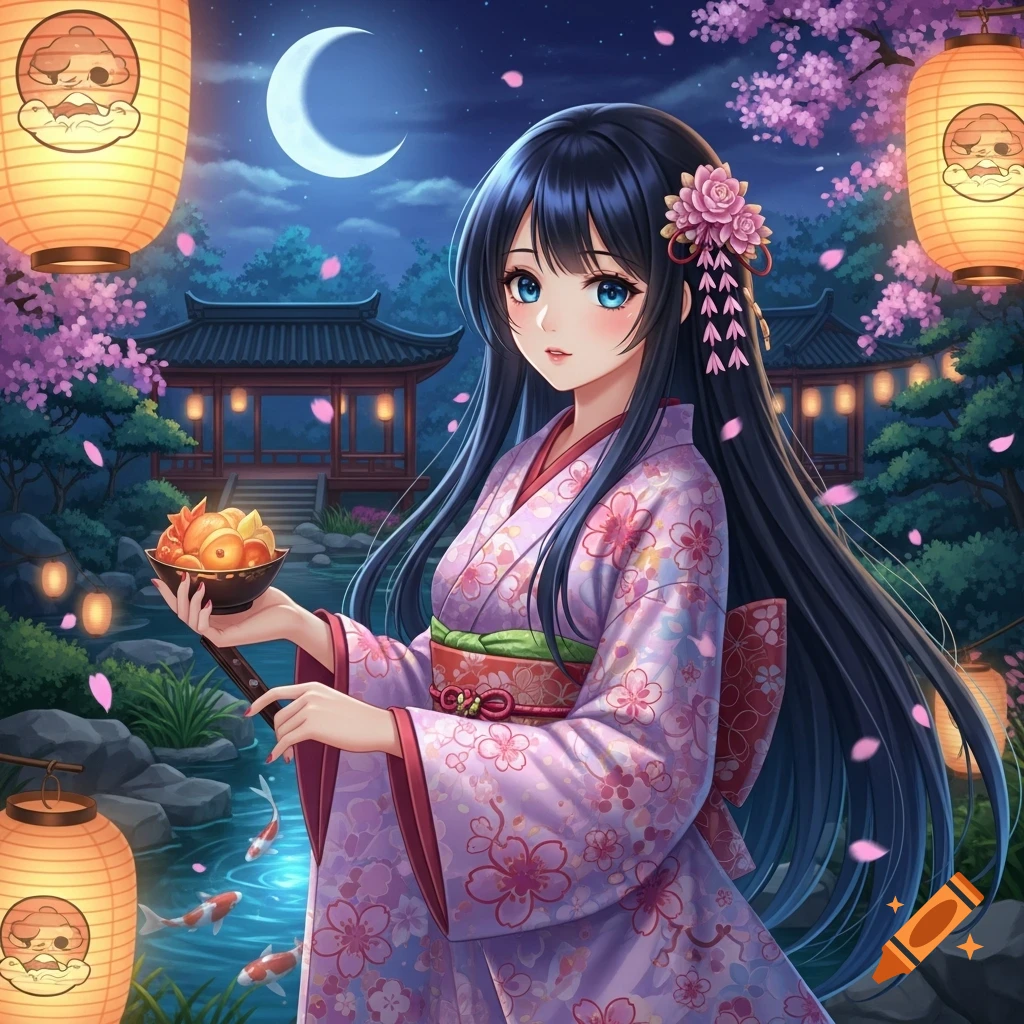 An anime girl in a lavender kimono holds a bowl of fruit by a moonlit pond with koi fish, cherry blossoms, and lanterns.