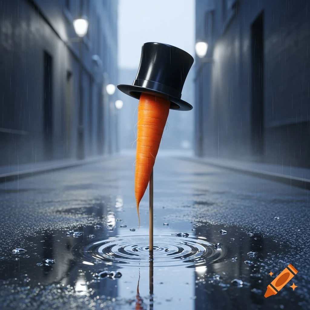 A photorealistic image of a carrot wearing a top hat, standing in a rainy street puddle, reflecting light in a dark alley.