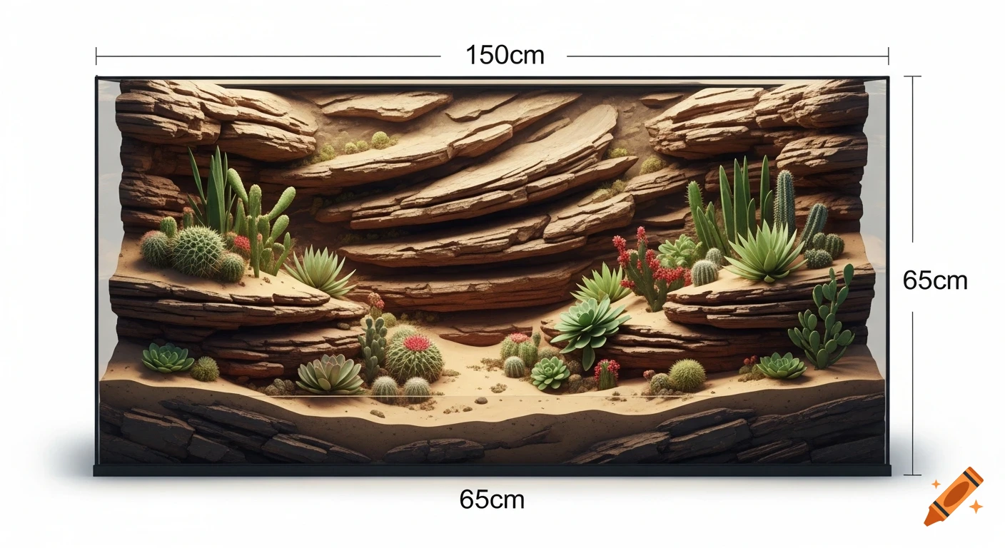 A rectangular desert terrarium featuring layers of natural rock formations, various cacti, and succulents, with dimensions labeled as 150cm x 65cm x 65cm.