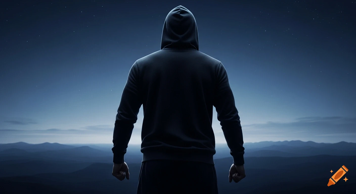 A person in a dark hoodie stands with clenched fists, silhouetted against a dark, star-filled night sky over distant mountains.