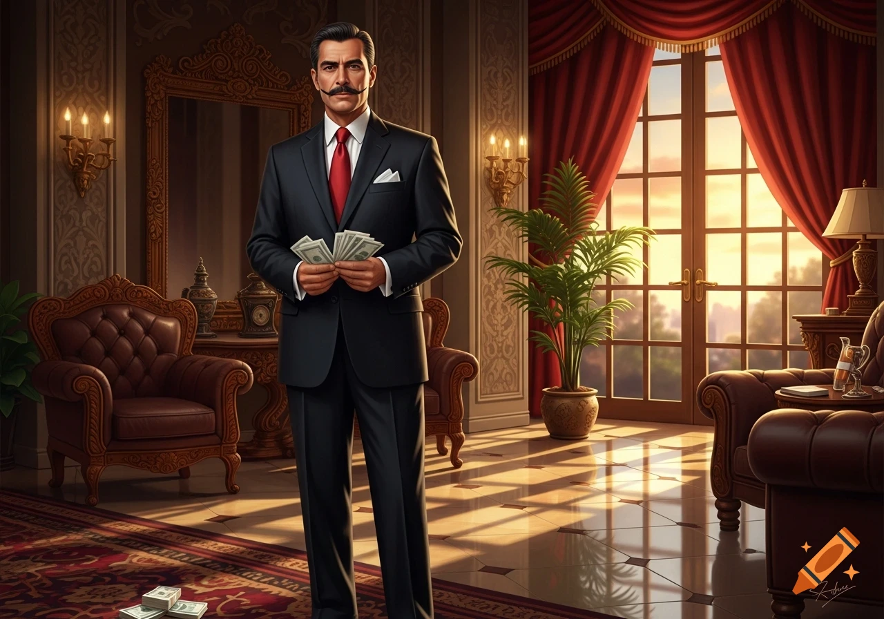 A man with a prominent mustache in a black suit and red tie holds stacks of money in a lavish, sunlit room with ornate furniture.