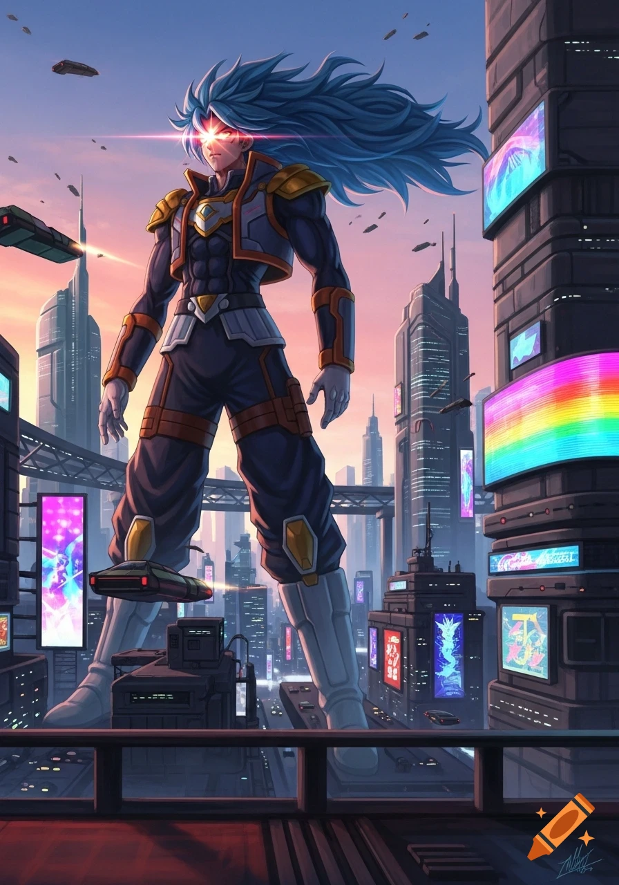 Giant anime character with long blue hair and glowing red eyes stands in a futuristic city with flying vehicles and glowing billboards at sunset.