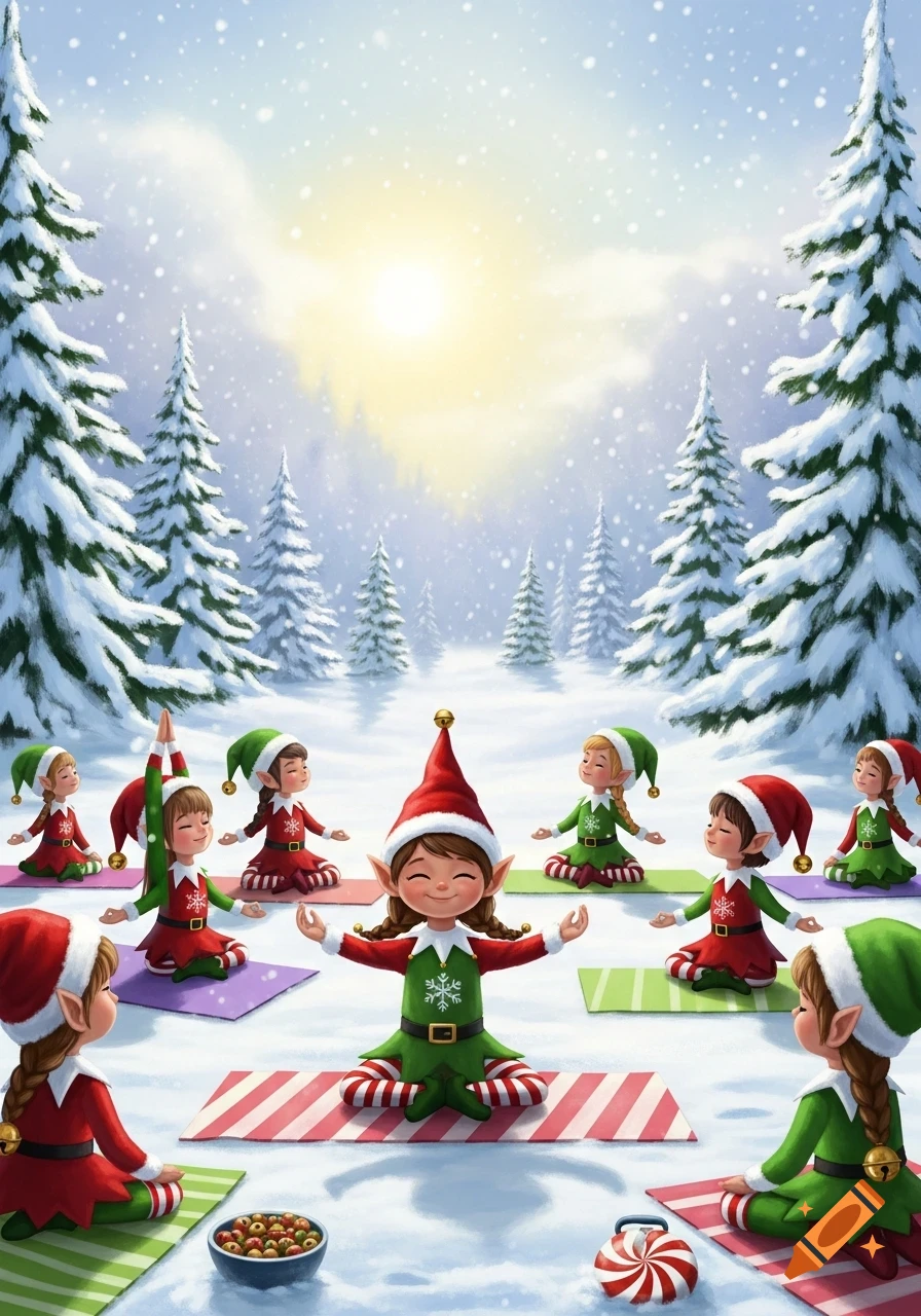 Cartoon Christmas elves in red and green outfits doing yoga on colorful mats in a snowy forest.