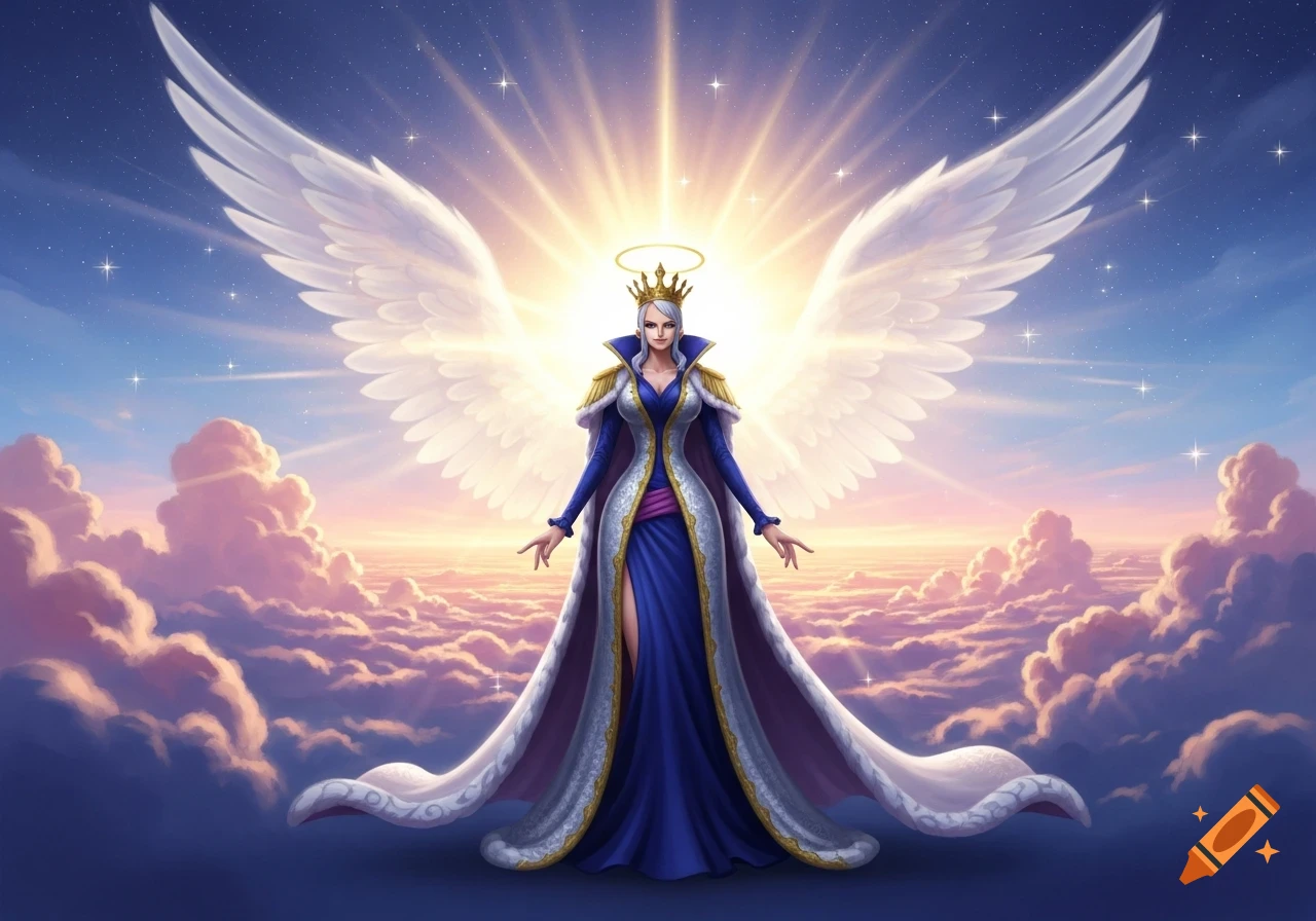An anime queen with large white wings, a halo, and a crown, wearing a blue and white regal dress, standing amongst clouds with a bright sunburst.