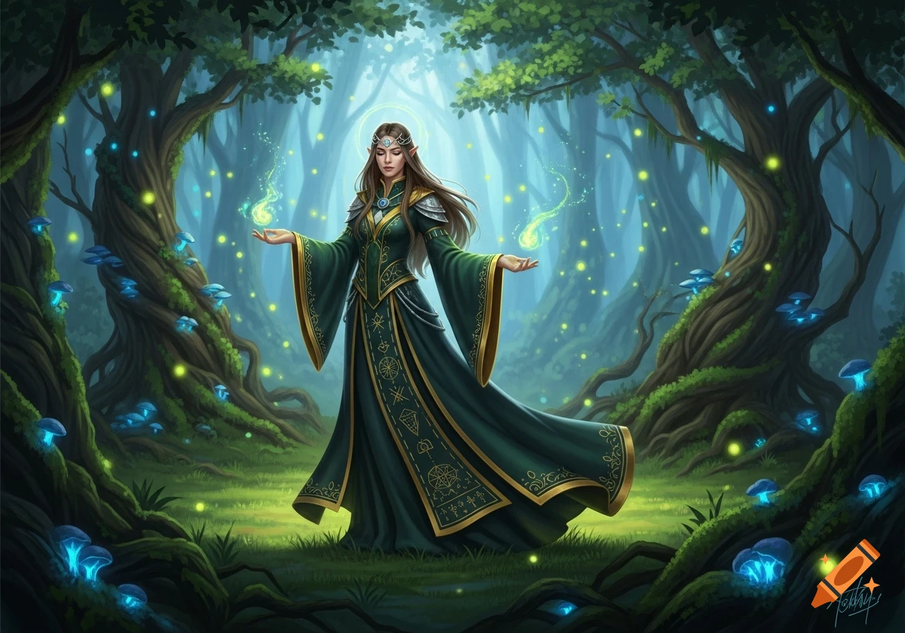 A female forest elf sorceress in an elegant green robe stands in an enchanted forest, holding glowing magic.