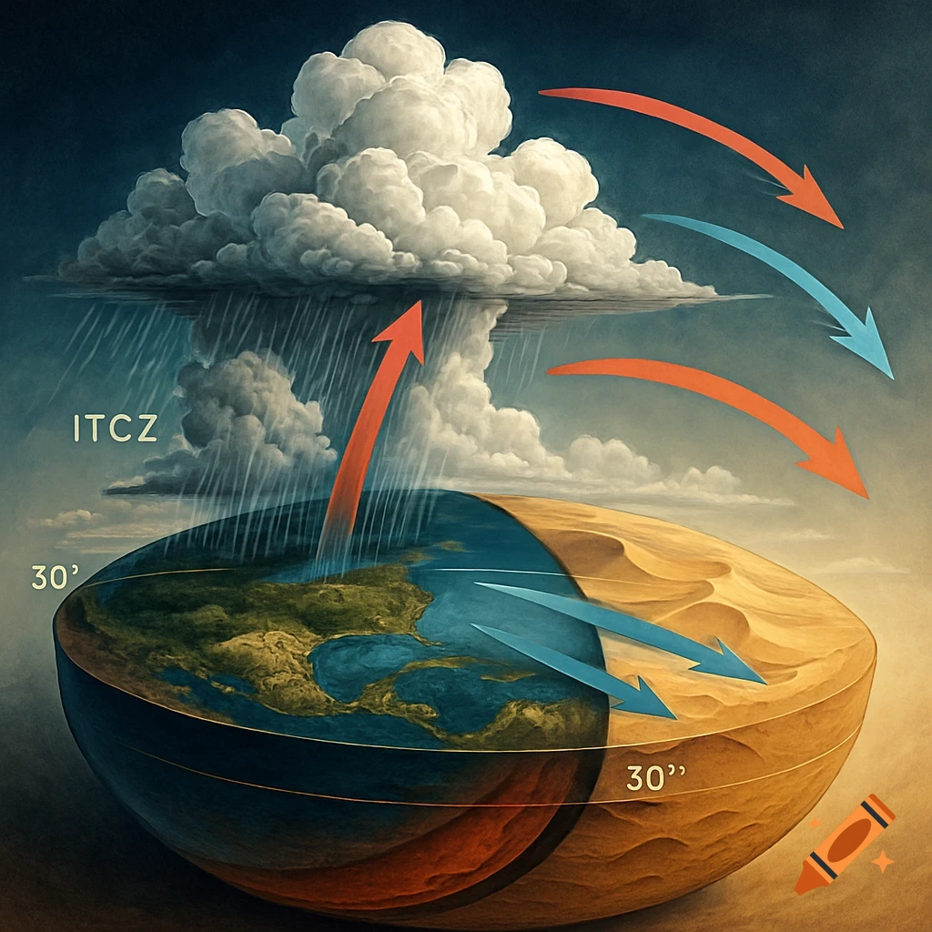Detailed cross-section diagram of Earth showing atmospheric circulation, clouds, rain, and desert regions, with arrows indicating wind patterns.