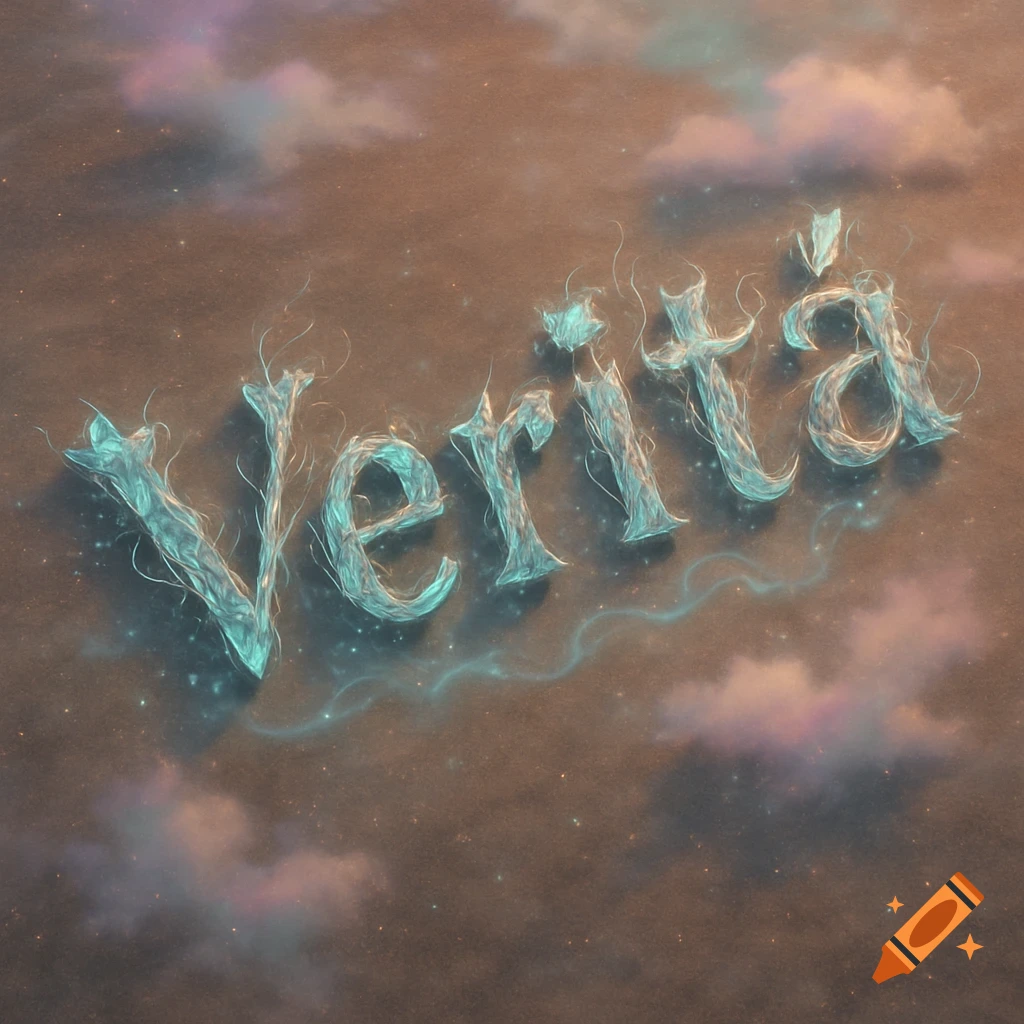 The word "Verità" rendered in glowing, ethereal blue-green material against a dark, cloudy, starlit background.