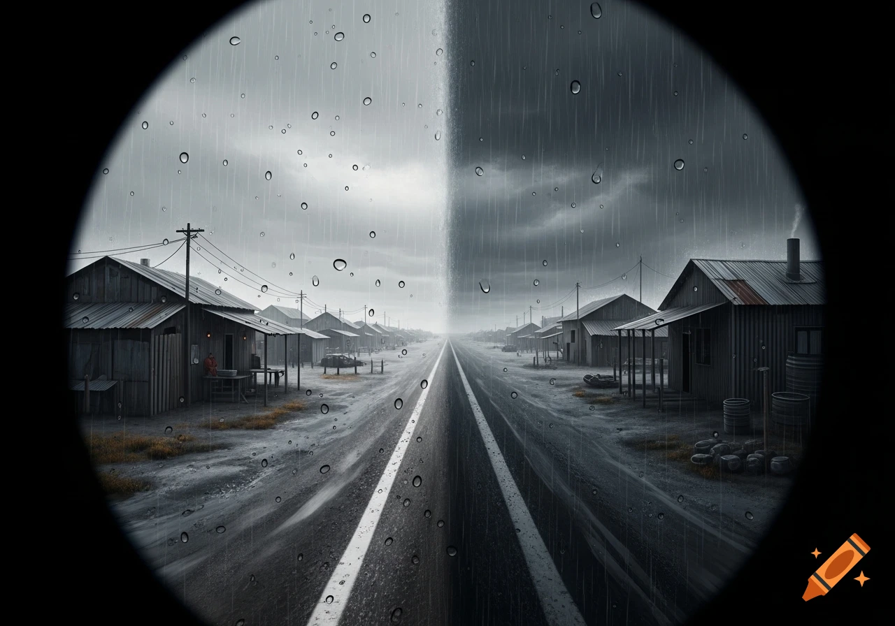 A view through a rainy lens of a desolate road splitting a settlement, with heavy rain on one side and lighter rain on the other.
