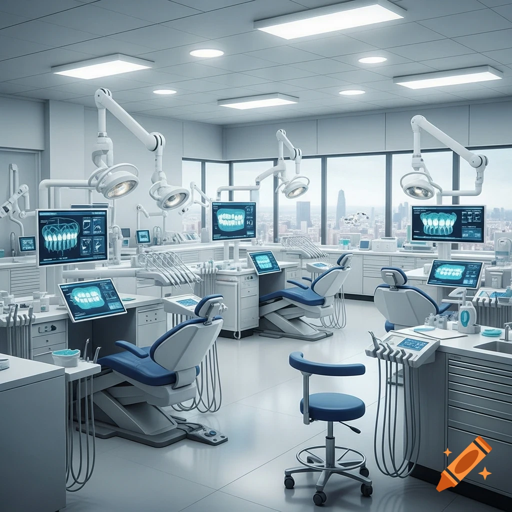 A modern, sterile dental office featuring multiple blue dental chairs, various dental tools, and monitors displaying detailed teeth diagrams, all set against a large window overlooking a city skyline.