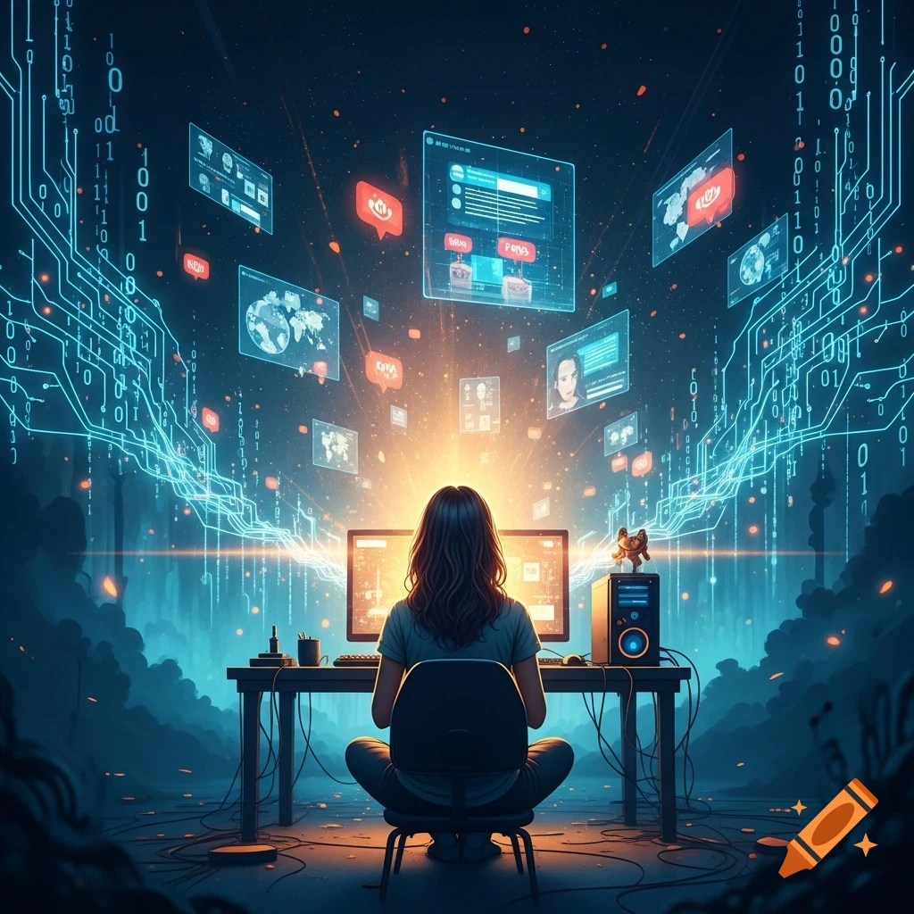 A person sits at a desk, looking at a computer screen, surrounded by a ...