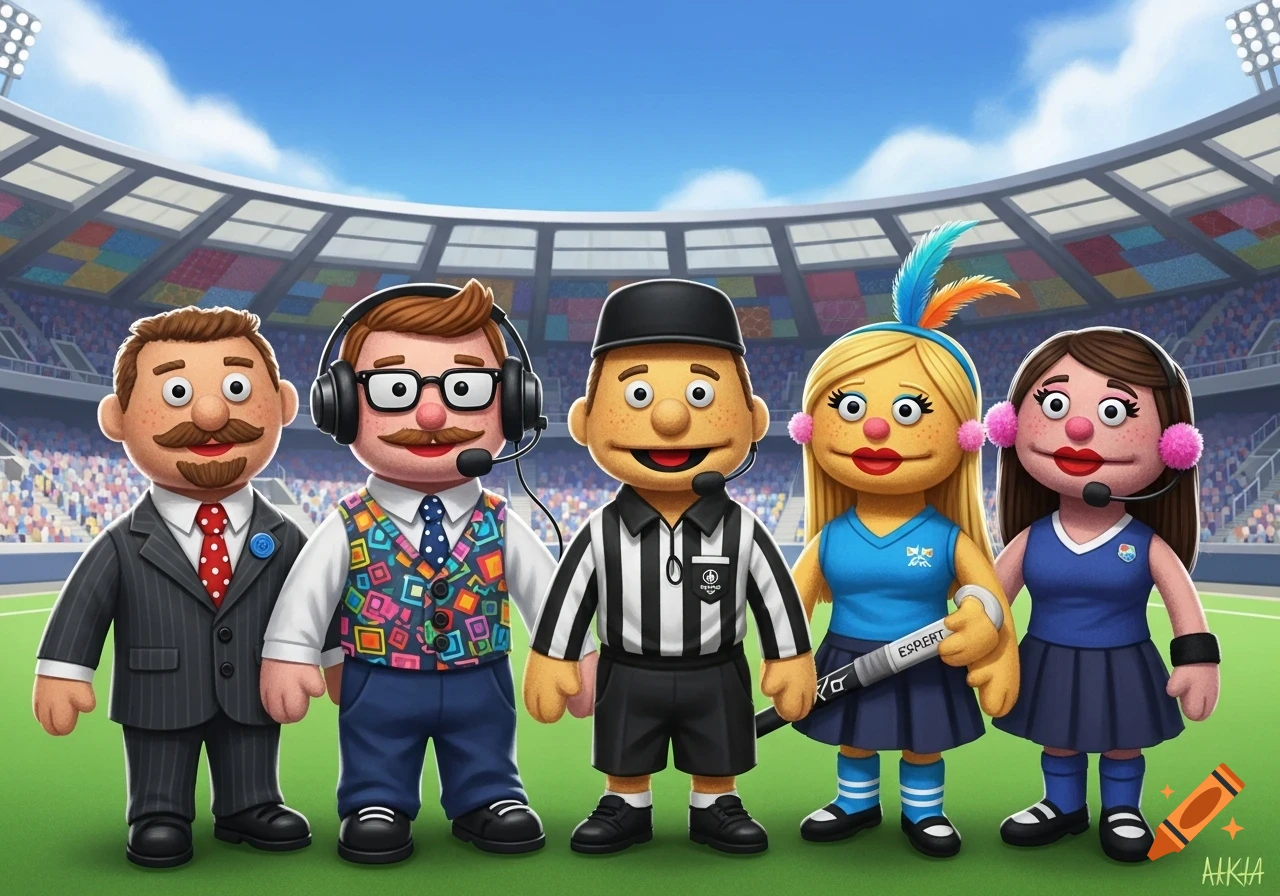 Five colorful, fuzzy puppet characters, three men and two women, dressed in various sports-related attire, stand on a green field in a large stadium under a blue sky.