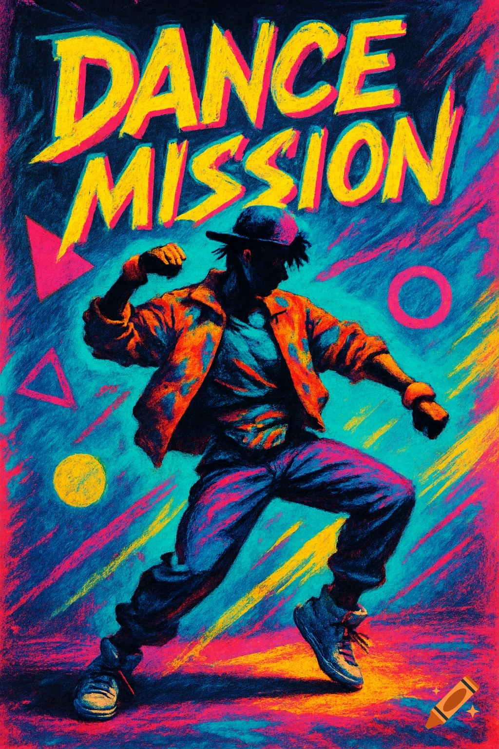 A vibrant, high-contrast 90s-style poster art featuring a silhouetted dancer and the text "DANCE MISSION" in bold neon colors.