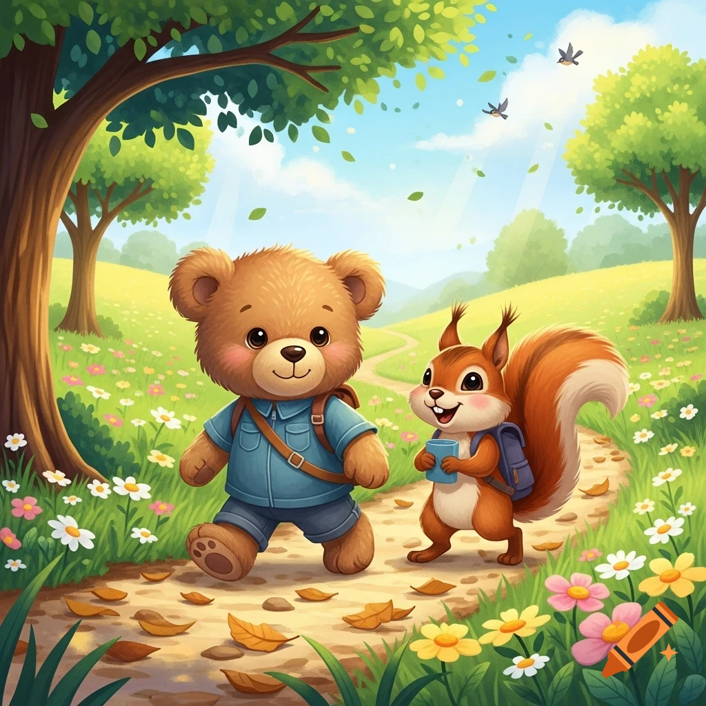 A cartoon teddy bear and a squirrel with backpacks walk on a path in a sunny, flowery meadow, illustration.
