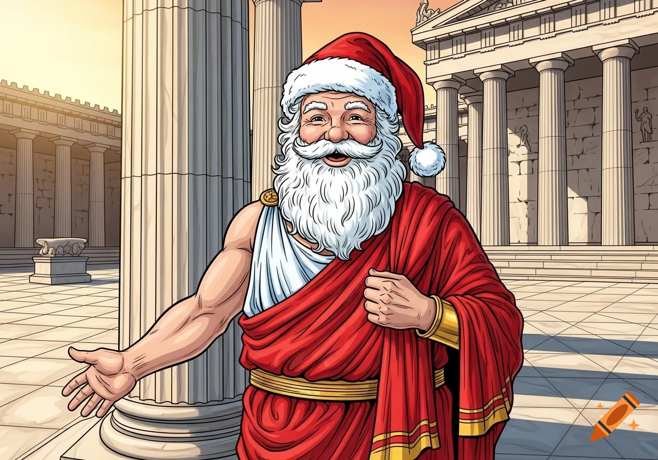 Jolly Santa Claus with a white beard, wearing a red Greek toga and Santa hat, stands in a marble Greek courtyard with columns in an illustration.
